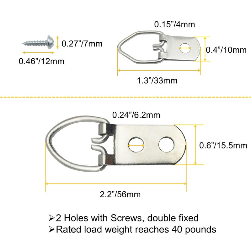 EesTeck 70 Pack D-Ring Steel Picture Hangers Heavy Duty with Screws Picture Frames Double Holes Clasp Picture Hang Solutions, for Hanging Clock Paintings Artwork Picture Frame Hook Photos Mirrors - Image 4